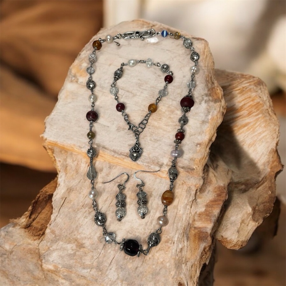 Silver Multi Assorted Beaded  3 Piece Necklace Set